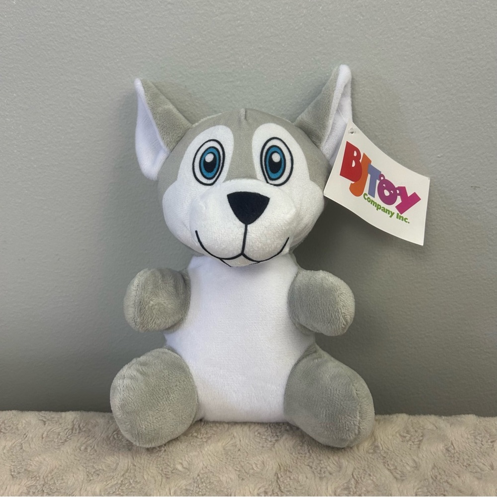 BJ Toy Co Gray White Puppy Dog Plush Stuffed Animal Toy Blue Eyes